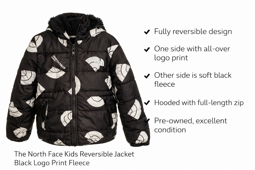 The North Face Kids Reversible Jacket Black Logo Print Fleece Hooded Coat